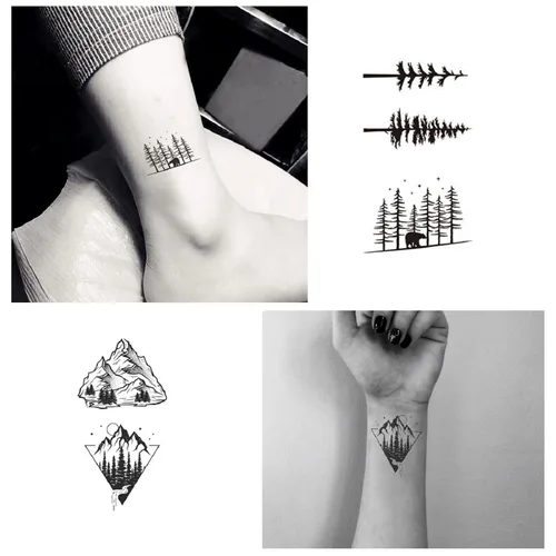 Miniatura 6 de 22 hojas de pegatinas de tatuajes temporales de montaña, incluidos tatuajes falsos impermeables, formas geométricas negras, con forma de sol