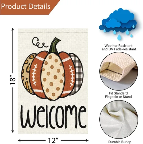 Miniatura 4 de Louise Maelys Bandera de bienvenida de otoño de 12 x 18 pulgadas, doble cara, pequeña arpillera de otoño, calabaza, fútbol, jardín, otoño, Acción