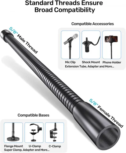 Miniatura 5 de Cuello de cisne de micrófono de 13 pulgadas (rosca 5/8-27) – Brazo de micrófono universal resistente para soporte de micrófono, ajuste de 360°, alta