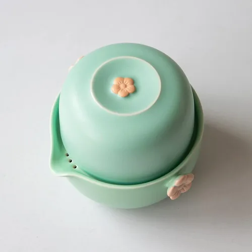 Miniatura 7 de HEER Travel Gaiwan - Juego de té para uno, juego de tazas de tetera portátil de porcelana, diseño de flor de ciruelo, regalo para mujeres (azul)
