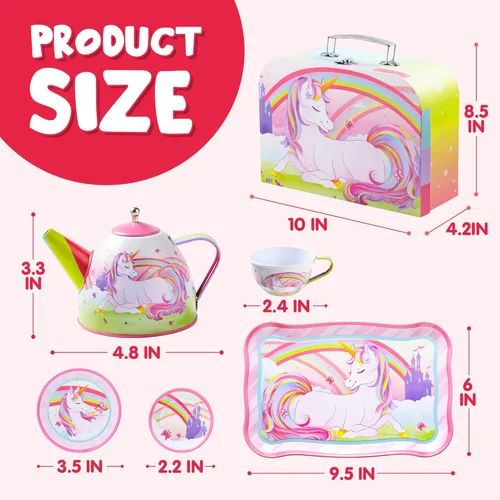 Miniatura 7 de JOYIN Juego de fiesta de té de unicornio para niñas pequeñas, juego de tetera de lata rosa, juguete de cocina con tetera, taza, plato, estuche