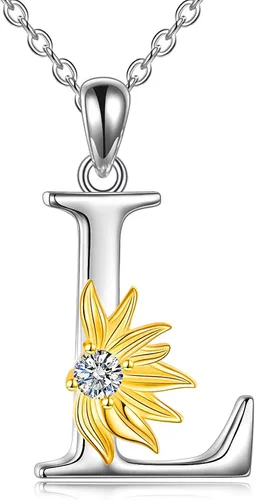 POPLYKE Collar de girasol con inicial, regalos de girasol para mujeres y niñas, letra del alfabeto, letra y nombre, Plata esterlina, cristal