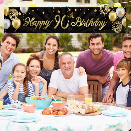 Miniatura 5 de Cartel de feliz cumpleaños 90 para hombres y mujeres, letrero negro y dorado con purpurina de 90 años, suministros de decoración de fiesta