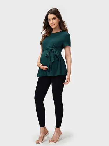 Miniatura 6 de OYOANGLE Camisetas básicas de maternidad para mujer, con lazo frontal, manga corta, cuello redondo, peplum