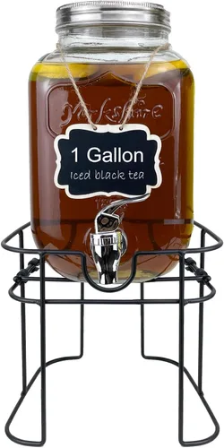 Miniatura 8 de Despachador de bebidas de vidrio de 1 galón para fiestas, paquete de 2, dispensador de jugo, limonada, té helado y agua con soporte, dispensadores