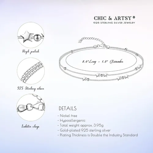 Miniatura 5 de LINGBG JEWELRY Pulseras en capas de plata de ley 925, pulseras de amor con corazón, pulseras de estrellas para mujer, pulseras de doble hebra