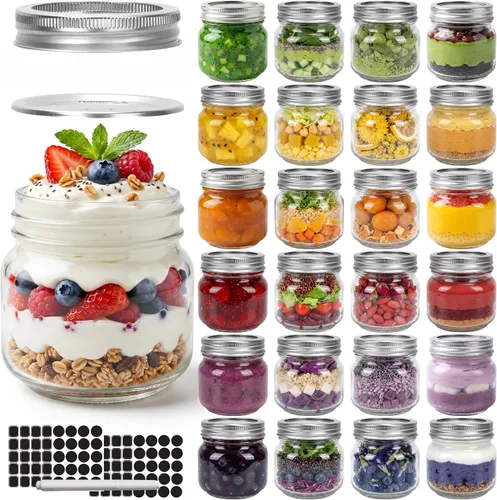 CycleMore 24 tarros de vidrio transparente de 8 onzas con tapas separables de plata regulares, tarros redondos de 8.5 fl oz para especias para miel,