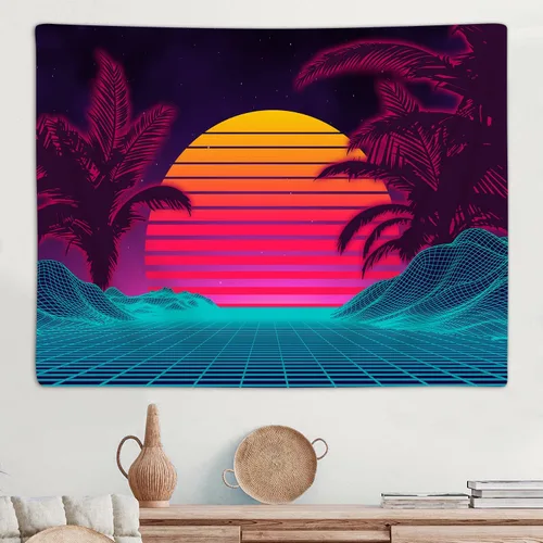 Miniatura 4 de Tapiz retro de onda de vapor de neón para el dormitorio de los hombres, tapices de arte de montaña trippy fresco para colgar en la pared
