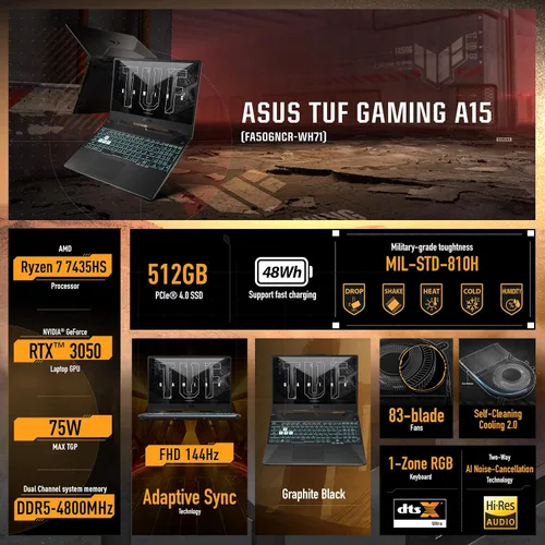 Miniatura 2 de ASUS TUF A15 - Laptop para juegos: pantalla Full HD de 15.6 pulgadas 144Hz, GeForce RTX 3050, procesador AMD Ryzen 7 7435HS, 8GB DDR5 RAM, SSD PCIe