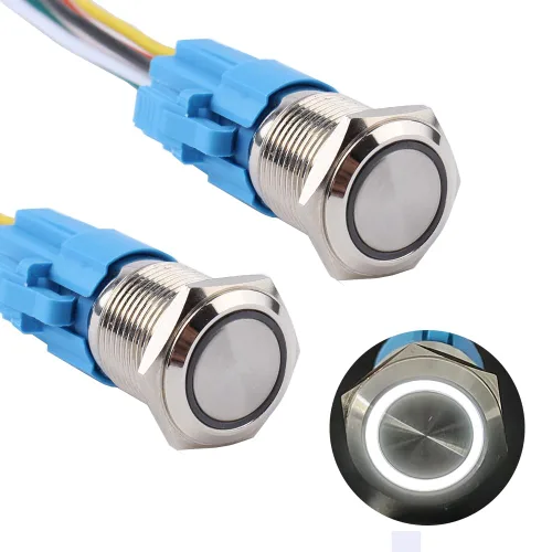 Miniatura 14 de 2 unids 0.630 in metal pestillo interruptor de botón 12V-24V ON-Off 5Pins 1NO 1NC con coleta para agujero de montaje de 5/8 pulgadas impermeable Azul