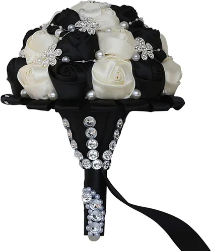 XINNI Ramo de boda negro para novia, dama de honor, satén con diamantes de imitación y perlas para boda, fiesta de quinceañera, negro y marfil