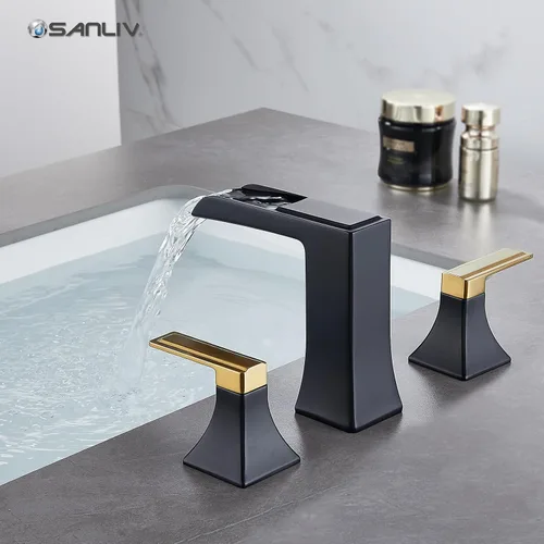 Miniatura 5 de Grifo de baño de dos tonos negro y dorado, grifo de baño generalizado de 2 manijas para fregaderos de 3 agujeros de 4 a 8 pulgadas, grifos