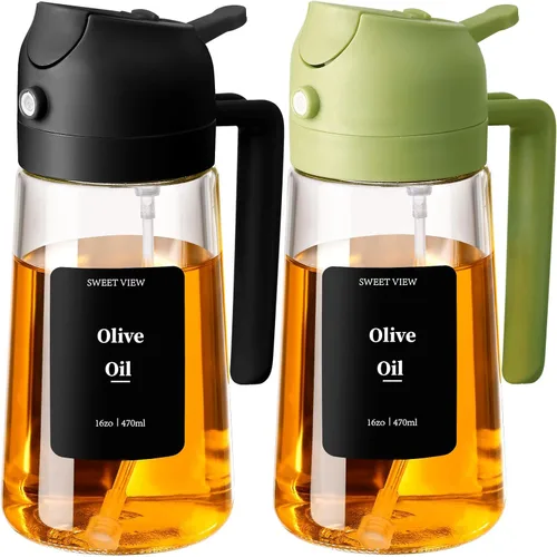 SWEET VIEW 2 piezas Pulverizador de aceite de oliva para cocinar, botella de vidrio de 470 ml 2 en 1 para rociar y verter para cocina, freidora de