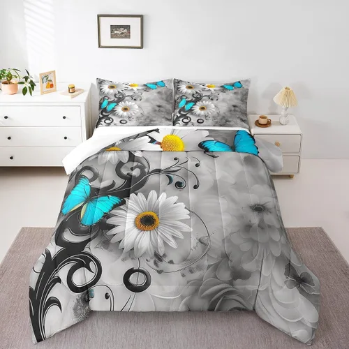 Miniatura 7 de Juego de ropa de cama de mariposa azul para adultos, mujeres y niñas, juego de edredón con estampado de lavanda morado, tamaño individual, diseño
