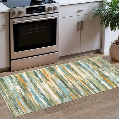 Miniatura 112 de Alfombra de pasillo moderna Lansny 2 x 6 pulgadas, alfombra de cocina lavable verde mostaza multicolor, alfombra antideslizante suave para pasillo