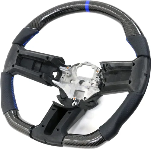 IKON MOTORSPORTS, Volante compatible con Ford Mustang 2010-2014, Kit de reemplazo de cuerpo de volante en fibra de carbono y cuero con costura azul