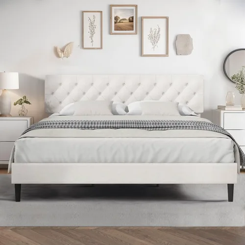 Miniatura 33 de HOMBCK Marco de Cama Queen con Cabecera Capitoné con Botones, Marco de Cama de Plataforma Tapizada Azul, Tela Suave/Soporte de Listones de Madera/No