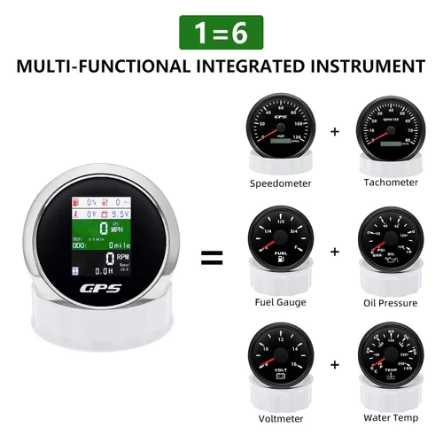 Miniatura 2 de Velómetro GPS 6 en 1 MAIMEIMI 85mm 3-3/8" Tachómetro Ajustable Multifuncional Voltímetro Nivel de Combustible Temperatura del Agua Presión de Aceite