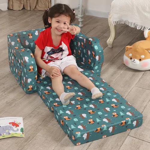 Miniatura 5 de MOMCAYWEX Sofá para niños, sofá de espuma abatible 2 en 1, silla plegable suave para juegos, verde azulado