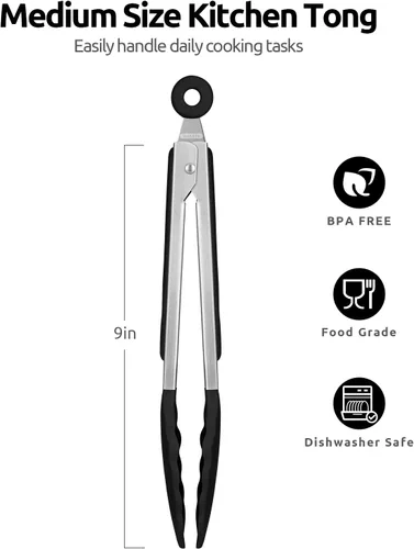 Miniatura 2 de Pinzas de cocina resistentes al calor de 600ºF: U-Taste de 9 pulgadas, pinza de cocina de silicona con puntas de goma antiadherentes firmemente Negro