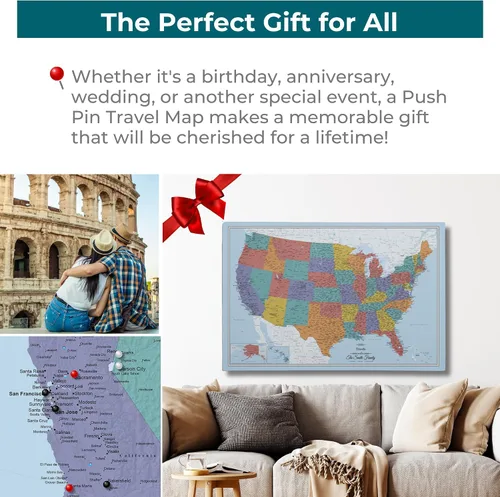 Miniatura 33 de Push Pin Travel Maps Lienzo personalizado Blue Oceans USA con marco gris de madera de granero