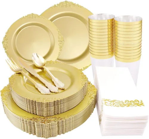 Morejoy 175 platos de plástico dorado macizo con borde dorado, los juegos de vajilla desechables dorados incluyen 25 platos llanos, 25 platos de