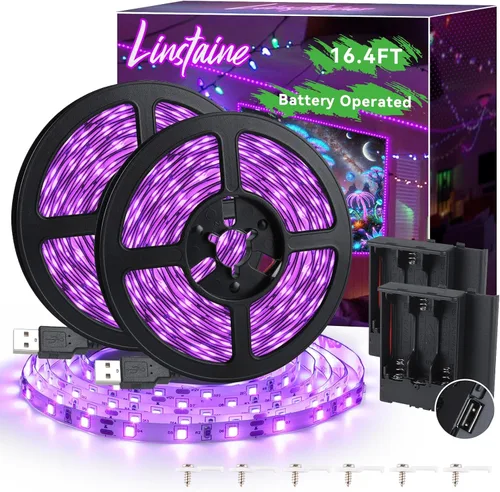 Tira de Luz Negra de 16.4 Pies con Enchufe USB + Caja de Batería, Accesorio de Luz Negra Adhesivo de 300 LEDs, Funciona con Batería y USB para Luz