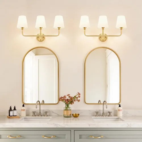Miniatura 5 de MOKATNG Lámparas de baño, 3 luces doradas cepilladas, accesorios de iluminación de baño sobre espejo con pantalla de tela blanca acampanada