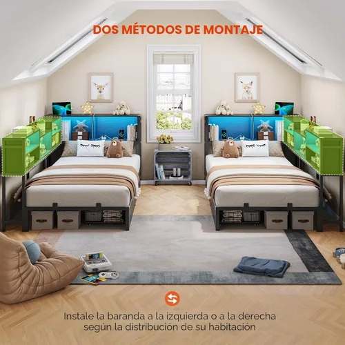 Miniatura 8 de DICTAC Marco de cama esquinero tamaño individual con almacenamiento y luces LED, plataforma de metal con 2 cajones y estación de carga, cama