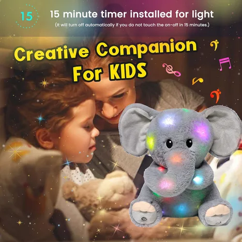 Miniatura 9 de Hopearl Elefante de peluche musical LED que ilumina y canta, volumen ajustable, canción de cuna, animado, calma, festival, cumpleaños, para niños