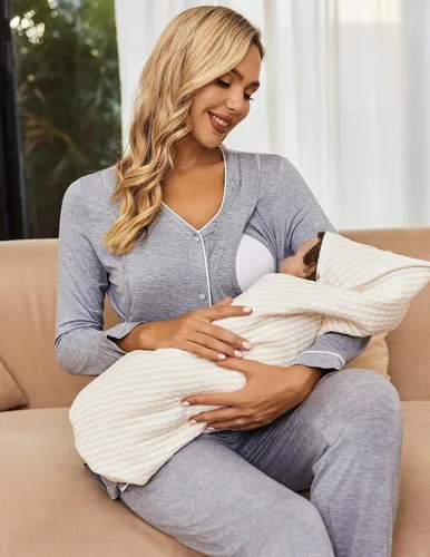 Miniatura 3 de Ekouaer Conjunto de pijama de maternidad con botones, ropa de dormir de manga larga para lactancia materna con pantalones ajustables