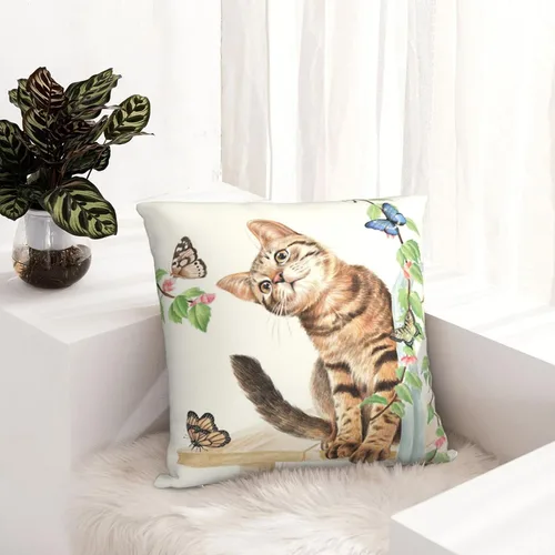 Miniatura 4 de Fundas de almohada con diseño de mariposa de gato de 20 x 20 pulgadas, bonito patrón de dibujos animados, fondo beige, para decoración del hogar