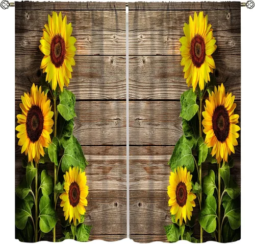 Miniatura 19 de Sunflower Curtains for Living Room Bedroom, Spring Nature Blue Sky and Butterfly Window Drapes, Rustic Wooden Fence Floral Botanical Decor, 2 Panels