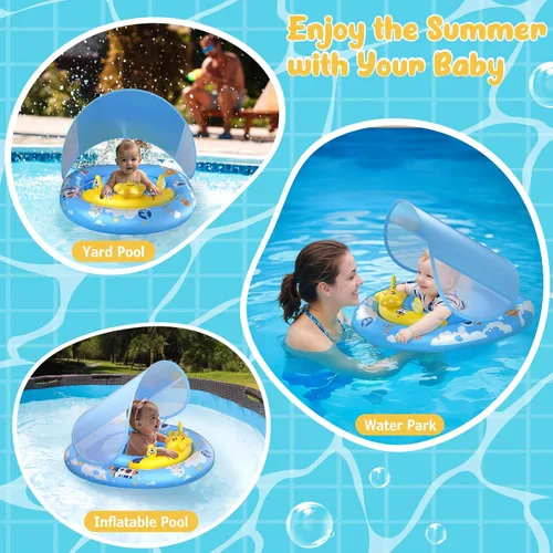 Miniatura 5 de WayEee Flotador de piscina para bebé con toldo UPF50+, flotador de natación inflable, asiento de seguridad ajustable, consola de juegos de juguete