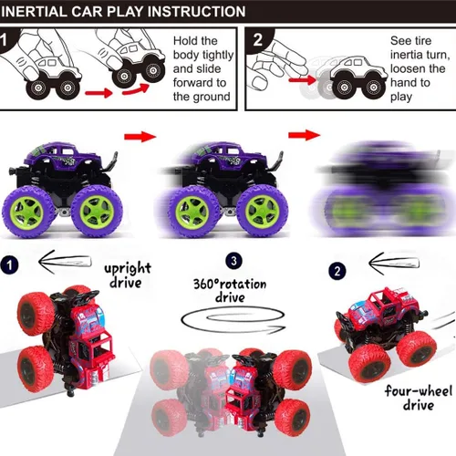 Miniatura 9 de Monster Trucks para niños, paquete de 4 vehículos de tracción para niños pequeños, rotación de 360°, 4 ruedas, autos de fricción duraderos, juguetes