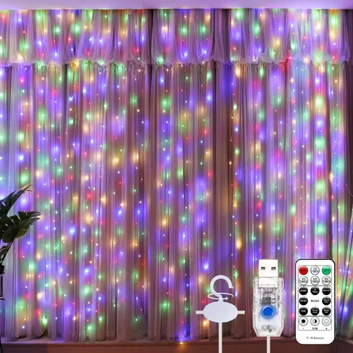 Cadena de luces para cortina, luz de cortina multicolor para dormitorio, guirnalda de luces de hadas con mando a distancia de 8 modos alimentada por
