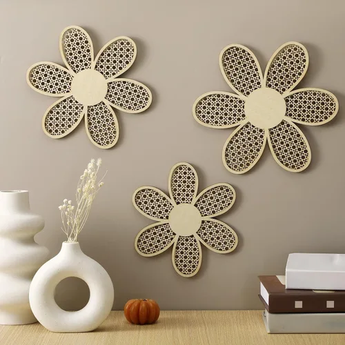 Miniatura 9 de Maitys 3 piezas de decoración de pared de margaritas bohemias, flores de ratán natural, arte bohemio de madera, flores de guardería, decoración