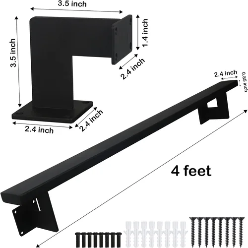 Miniatura 6 de RECTOO Barandilla moderna de 4 pies – Kit completo. Revestimiento de polvo negro de hierro galvanizado negro con 2 soportes de pared para escaleras