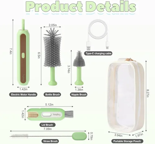 Miniatura 3 de Limpiador eléctrico de cepillos para biberones, kit de viaje 5 en 1 con bolsa de almacenamiento, silicona de grado alimenticio, batería de larga