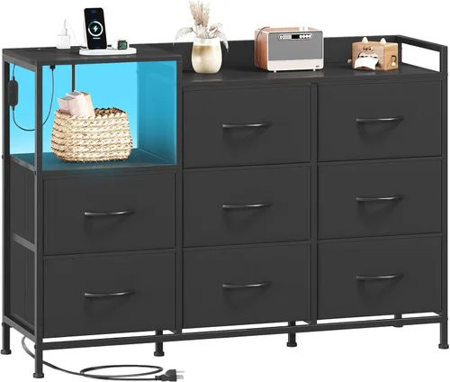 Miniatura 11 de Somdot Mesita de noche negra con estación de carga y luz LED, cómoda ancha de 5 cajones para dormitorio con contenedores de tela y estante abierto