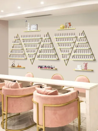 Miniatura 2 de Lorvain - 10 estantes de almacenamiento de esmalte de uñas de metal para montaje en pared, 5 niveles, color dorado, triangular, vitrinas