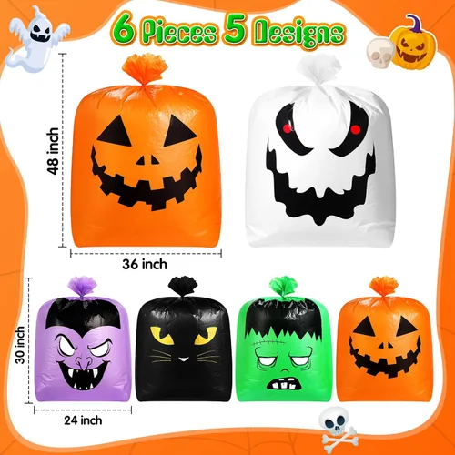 Miniatura 4 de Qilery 6 bolsas de césped de hojas de Halloween, bolsas de basura de calabaza de plástico para hojas con lazos giratorios para Halloween, patio