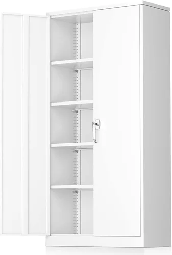 Armarios de almacenamiento de metal Greenvelly blancos de 183 cm de garaje con puertas y estantes, organización de archivos de metal para oficina en