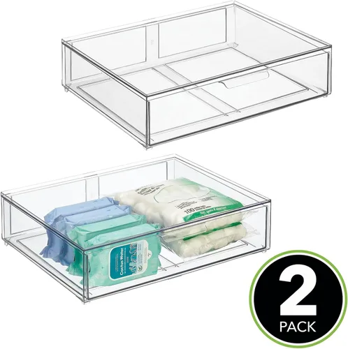 Miniatura 3 de mDesign Contenedor organizador de almacenamiento de baño apilable de plástico ancho con cajón extraíble para gabinete, tocador, estante, armario