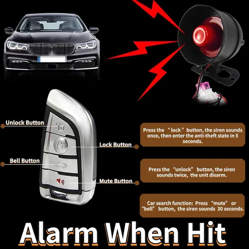 Miniatura 3 de Alarma de sirena de bocina de automóvil, sistema de protección de seguridad universal para automóvil con 2 controles remotos, sensibilidad de 7