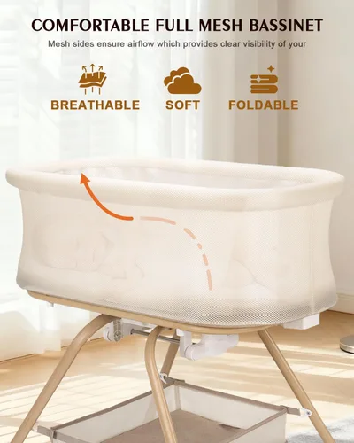 Miniatura 5 de Cuna de bebé 3 en 1, moisés mecedora para bebé con diseño de malla y colchón suave, moisés para recién nacido, nido portátil con cesta de Beige