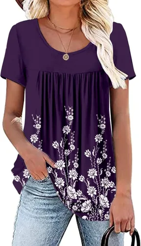 Womens Summer Plus Size Tops Blouses Short Sleeve Shirts Lace Pleated Tunic Tops M-4XL
