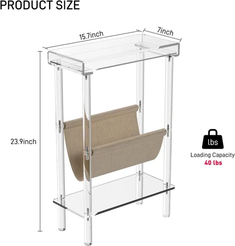 Miniatura 3 de Mesa auxiliar estrecha de acrílico Eglaf para espacios pequeños, mesa auxiliar delgada Skinny Side Table with Magazine Holder, Small Bedside Table