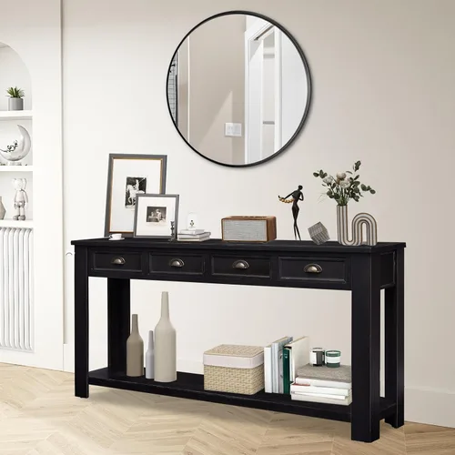 Miniatura 2 de kinbor Mesa consola larga para sofá, mesa de sofá de madera, mesas de entrada con 4 cajones y estante de almacenamiento para entrada, pasillo, sala