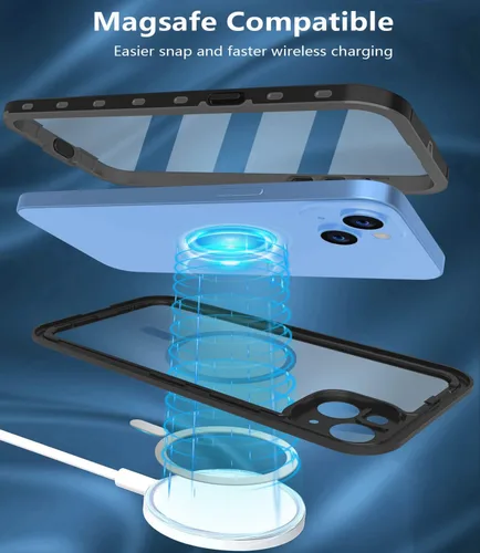 Miniatura 5 de Funda impermeable para iPhone 14, a prueba de golpes, a prueba de polvo, protector de pantalla integrado, anillo magnético negro